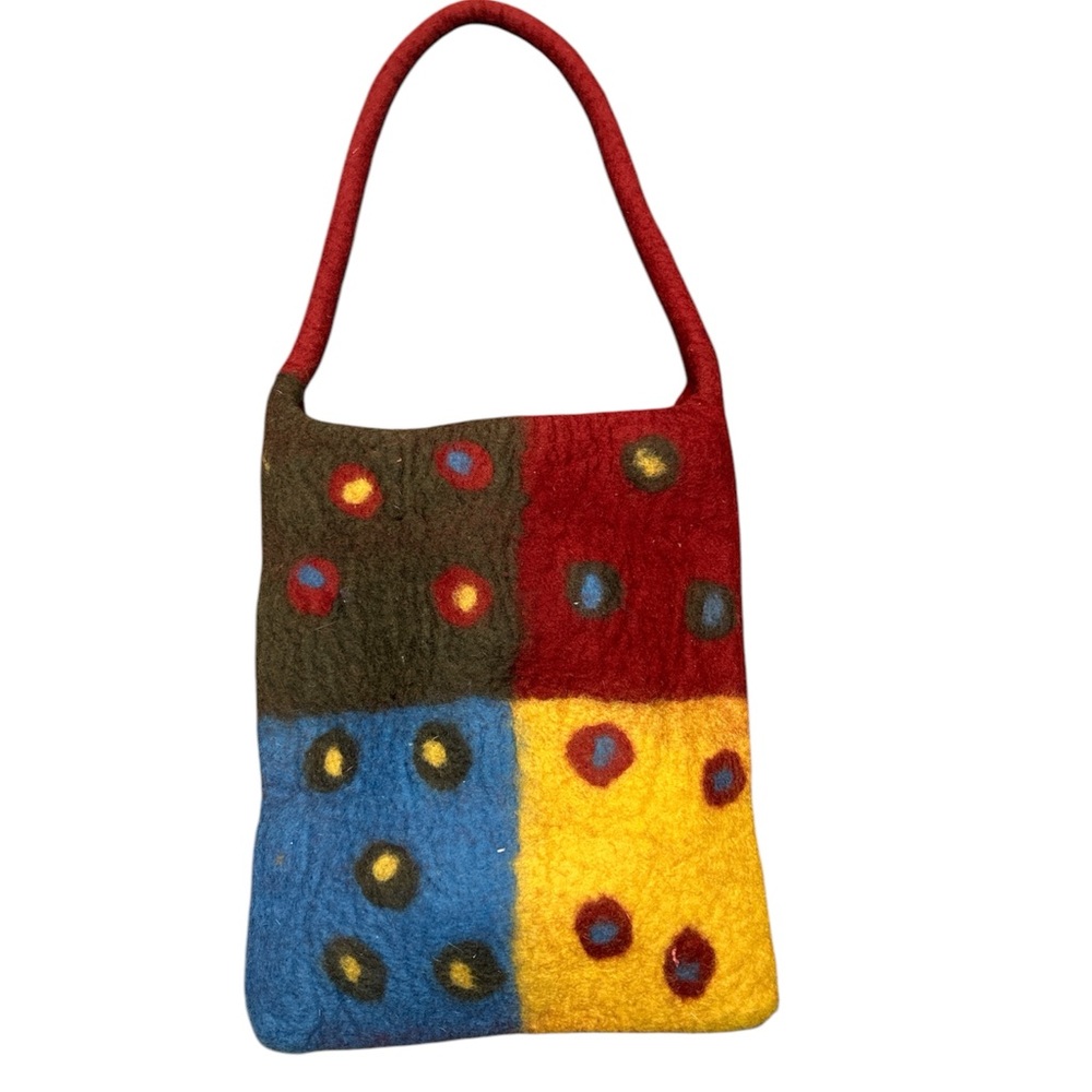 Rising Tide Felted Wool Purse Brown Yellow,  Blue Red Strap Boho Funky Hippie